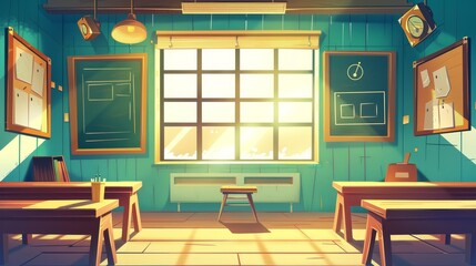 The empty school physics classroom has chalkboards and windows. A science room in college has posters and teacher tables. An education equipment for an app for learning how to read and write. - obrazy, fototapety, plakaty