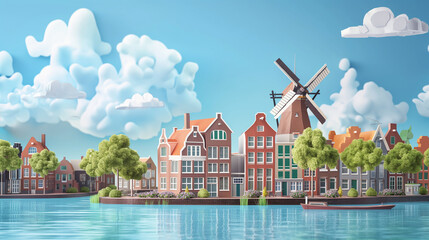 vector view of Amsterdam canal along classic old apartment with boat cruise transportation with Dutch old town and windmill of Amsterdam city, Netherland, Holland in Europe