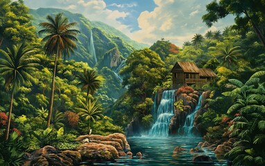 AI-generated illustration of a Tropical jungle with lush green trees and a cascading waterfall