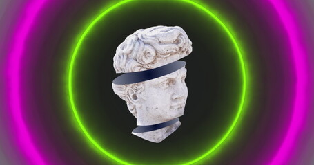 Image of antique sliced head sculpture over neon circles on black background
