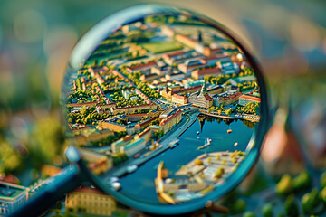 Aerial view through magnifying glass on colorful miniature cityscape in daylight traveling