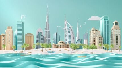 vector of Dubai city with modern skyline along beach in middle east, with the tallest skyline Burj Khalifa in Dubai City, United Arab Emirates