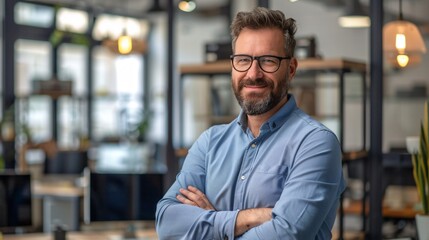 Obraz premium Content male business owner standing with arms folded in his workplace.