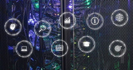 Image of icon in circles over illuminated server rack in server room