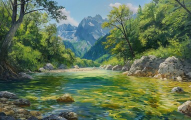 Naklejka na ściany i meble AI-generated illustration of a Scenic mountain valley with a river