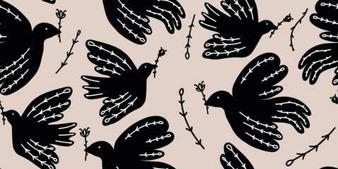Hand drawn ornament seamless pattern with birds. Abstract trendy monochrome print.