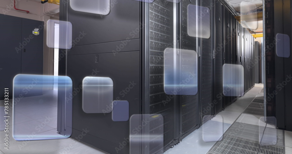Poster transparent windows moving over computer server room