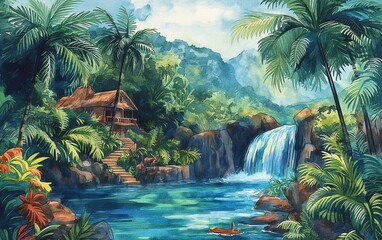 AI-generated illustration of a Tropical jungle with lush green trees and a cascading waterfall - obrazy, fototapety, plakaty