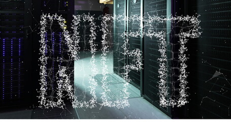 Image of connected dots forming nft text against server room in background