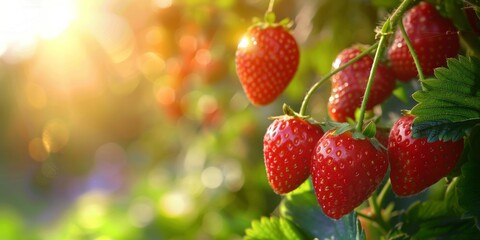 Juicy red strawberries ready for harvest, glistening with dew in the golden morning light.