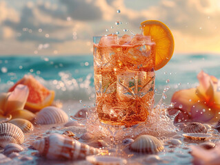 Summer coctail Aperol spritz in glass with oranges with water drops, on the sand with tropical sea and beach background