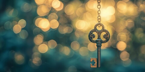 Antique key hanging against a blurred background of golden bokeh lights, conveying mystery and discovery. - obrazy, fototapety, plakaty