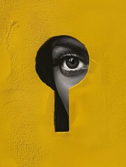 Mysterious discoveries. Woman's gaze peering through keyhole on yellow backdrop. Modern artistic combination. Idea of innovation, abstract art, imagination, and motivation. - 785133250