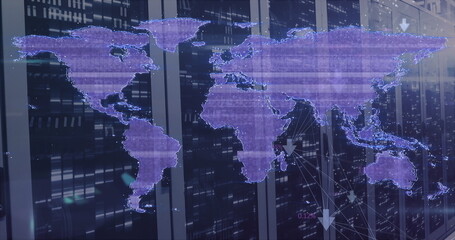 Image of glitch effect over world map against mosaic squares over computer server room