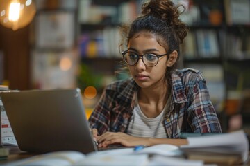 Budgeting for household expenses; a determined Indian woman calculates utility costs and plans to pay taxes using online banking on her laptop. - obrazy, fototapety, plakaty