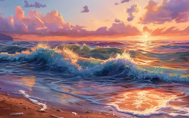 Rolgordijnen AI-generated illustration of a wave crashing on the shore at sunset © Wirestock