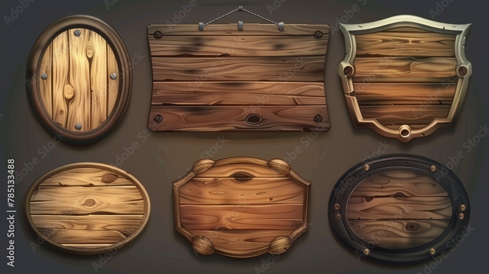 Aufkleber modern realistic banner set with wooden texture. isolated rustic farm ui icons interface design. bla