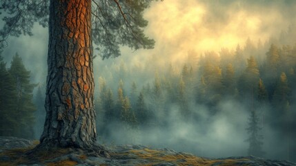 A textured tree trunk stands tall against a backdrop of misty forest  its bark a canvas of...