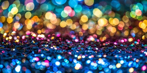 A dazzling display of multi-colored bokeh lights scattered across a surface of shiny sequins.
