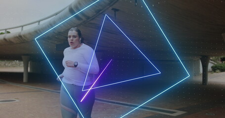 Image of neon shapes over plus size caucasian woman exercising in city street