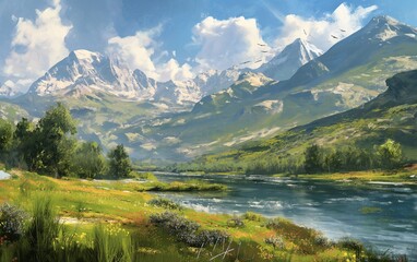 Fototapeta na wymiar AI-generated illustration of a Scenic mountain valley with a river