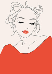 A woman with her eyes closed wearing a red dress
