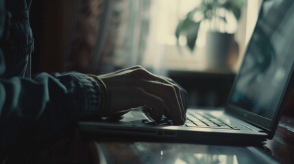 An individual's hands typing on a laptop keyboard in a dimly lit room, reflecting a work-focused atmosphere.