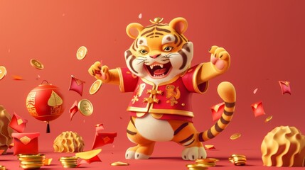 A 2022 Zodiac animal tigers are wearing traditional Chinese blossom pattern vests while holding gold ingots and coins in high kneeling position by red envelopes.