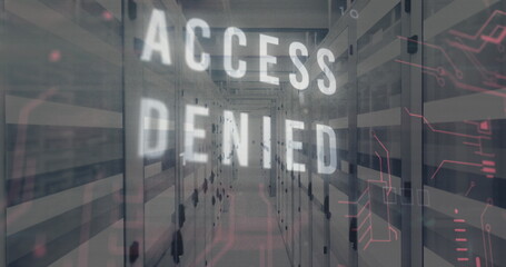 Image of access denied text in circuit board pattern and binary codes over bars on server room