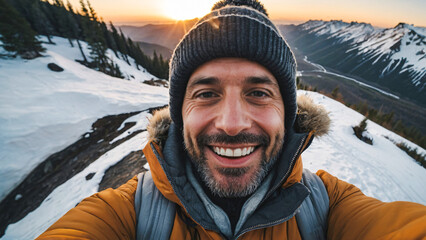 Smiling happy man wearing winter clothes taking selfie with smartphone on snowy winter mountain landscape background