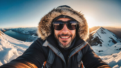 Smiling happy man wearing winter clothes and sunglasses taking selfie with smartphone on snowy mountain peak 
