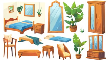 Bedroom interior set with bed, mirror, wooden furniture and plant. Modern cartoon illustration showing a bed, a chair, a wardrobe and nightstand in a modern house or apartment.