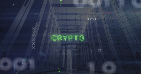 Image of crypto text, binary codes, computer language, mathematical equations over server room
