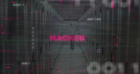 Image hacked text, computer language, caucasian male engineer inspecting server room