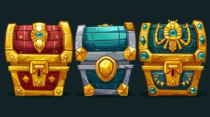 Ancient trunks with money of Pharaohs of Egypt. Golden boxes with scarab badge. Modern cartoon illustration of ancient Egyptian treasure chests with gold coins, diamonds and cash. - obrazy, fototapety, plakaty