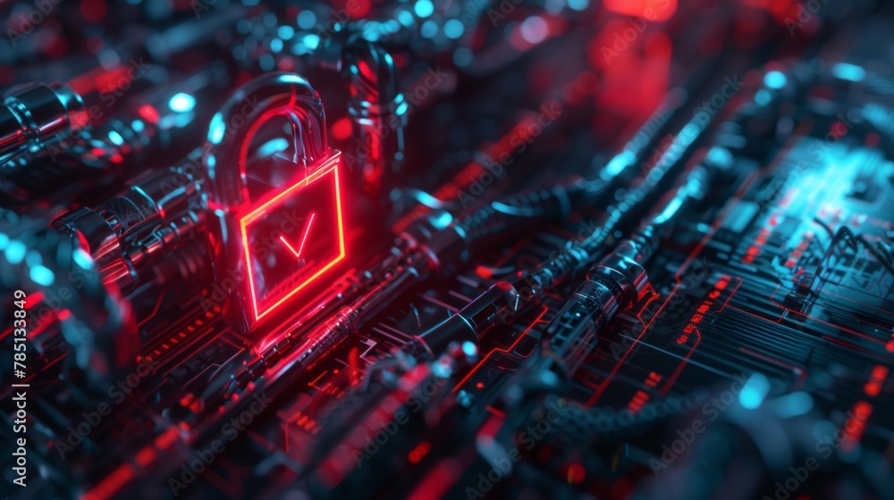 Aufkleber digital illustration of a glowing red lock symbolizing cybersecurity on a complex circuit board back