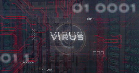 Image of virus text on circles, circuit board pattern, binary codes, numbers on server room