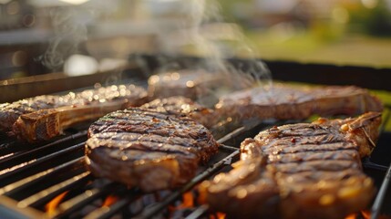 Sizzling ribeye steaks on a grill with rising smoke, capturing the essence of outdoor cooking.