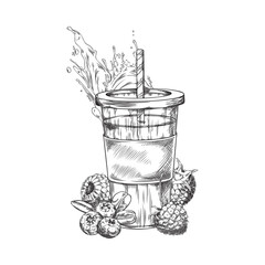 Smoothie with blueberry and raspberry engraved hand drawn vector, natural berries shake with splash cocktail sketch