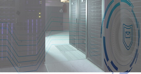Image of envelope and shield in loading circles over server room