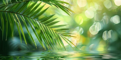 Tranquil scene with green palm leaves hanging over serene water with soft light creating a peaceful reflection.