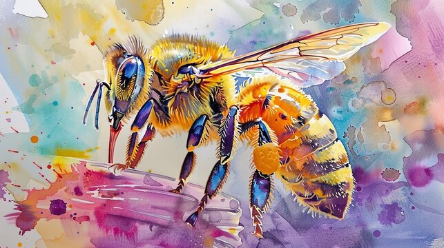 In a detailed watercolor painting, depict a vibrant bee with golden stripes and translucent wings gracefully landing on a glass honey jar, captured from a dramatic tilted angle view