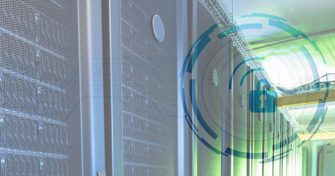 Image of padlock in loading circles over data server racks in server room