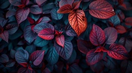 Close-up of red and purple leaves creating a vibrant natural texture, with a hint of mysterious atmosphere.