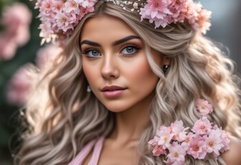 AI generated illustration of a young woman wearing a wreath with pink roses in the background