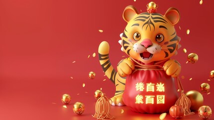 Fototapeta na wymiar Banner for the Year of The Tiger in 2022: 3D rendering of a tiger jumping out of a glowing lucky bag attached with a Chinese blessing.