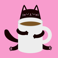 Black cat kitten holding white coffee tea cup. Good morning. Happy Valentines Day. Paws hand. Cute cartoon funny baby animal pet character. Love greeting card. Flat design. Pink background. Vector