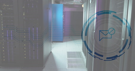 Image of envelope and stop symbol over illuminated data server racks in server room