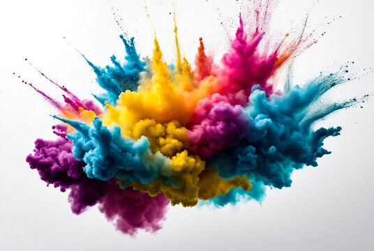 Illustration of abstract powder splatted background, colorful explosion on white. Colored cloud, colorful dust explode for painting Holi. Create backdrop concept. Gen ai illustrate. Copy ad text space