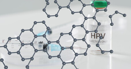 Molecular structure model over syringe and hpv vaccine vial